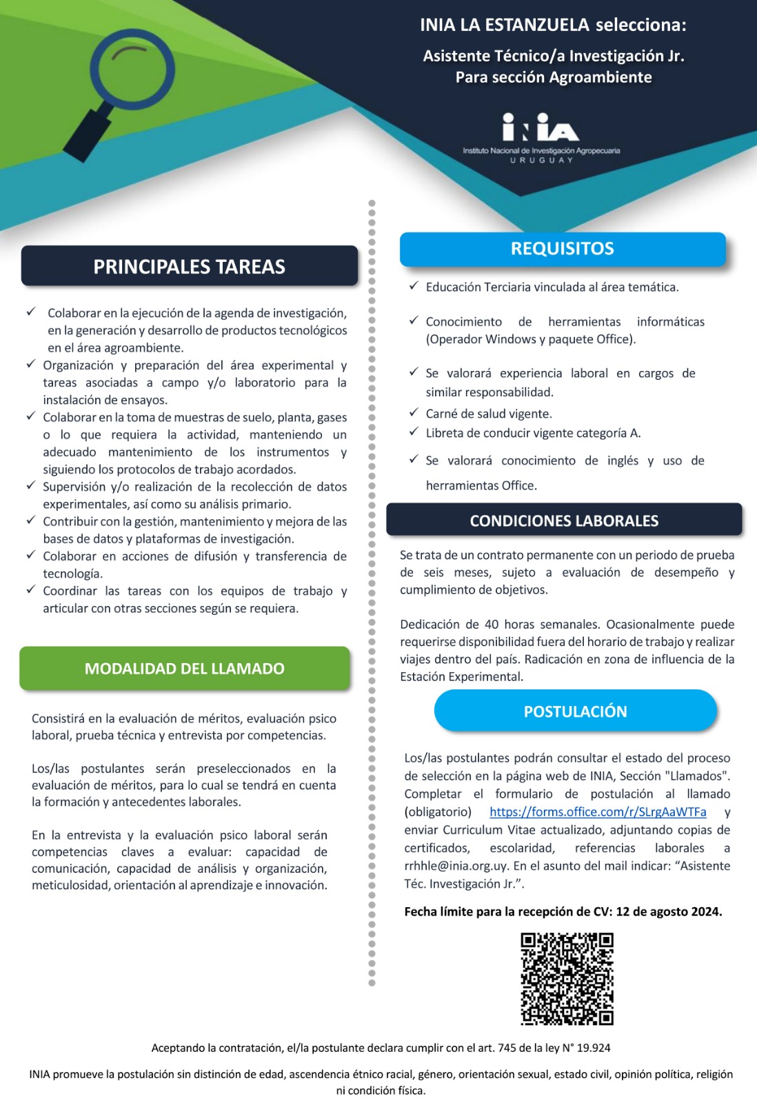 INIA LA ESTANZUELA selecciona: Asistente Técnico/a Investigación Jr. Para sección Agroambiente